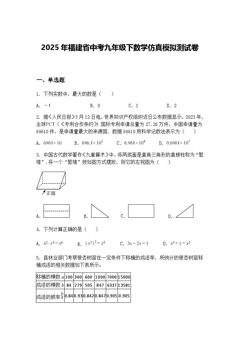 2025年福建省中考九年级下数学仿真模拟测试卷（含答案解析）第1页