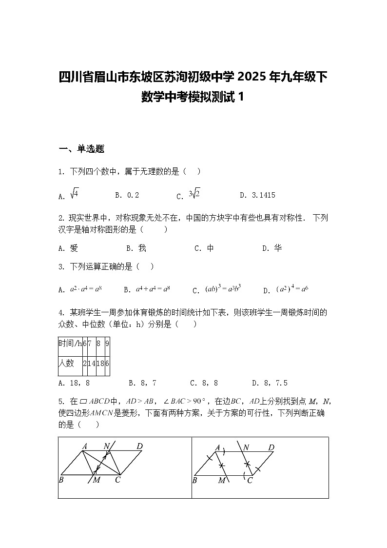 四川省眉山市东坡区苏洵初级中学2025年九年级下数学中考模拟测试1（含答案解析）第1页