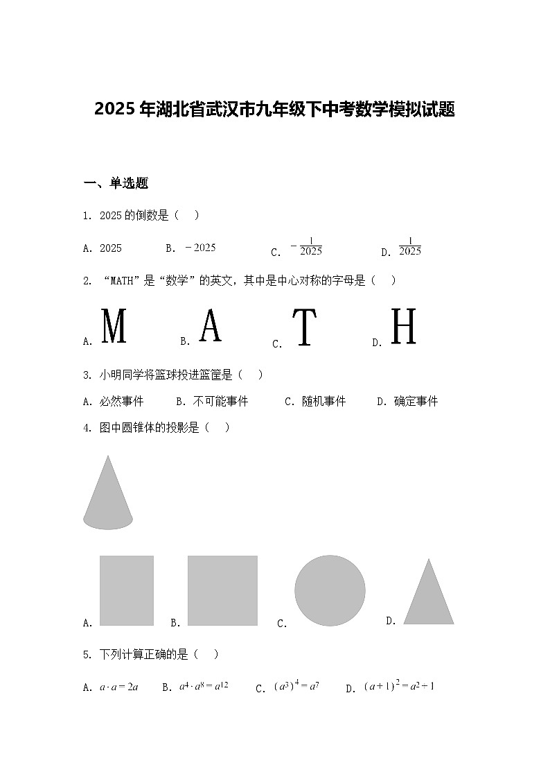 2025年湖北省武汉市九年级下中考数学模拟试题（含答案解析）第1页