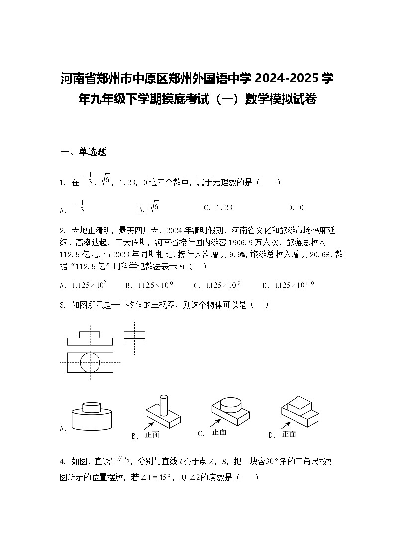 河南省郑州市中原区郑州外国语中学2024-2025学年九年级下学期摸底考试（一）数学模拟试卷（含答案解析）第1页