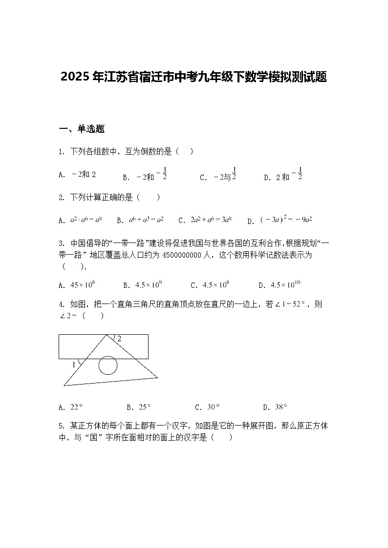 2025年江苏省宿迁市中考九年级下数学模拟测试题（含答案解析）第1页