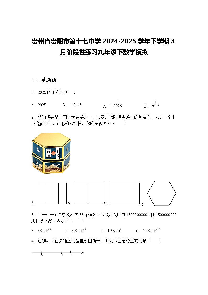 贵州省贵阳市第十七中学2024-2025学年下学期3月阶段性练习九年级下数学模拟（含答案解析）第1页