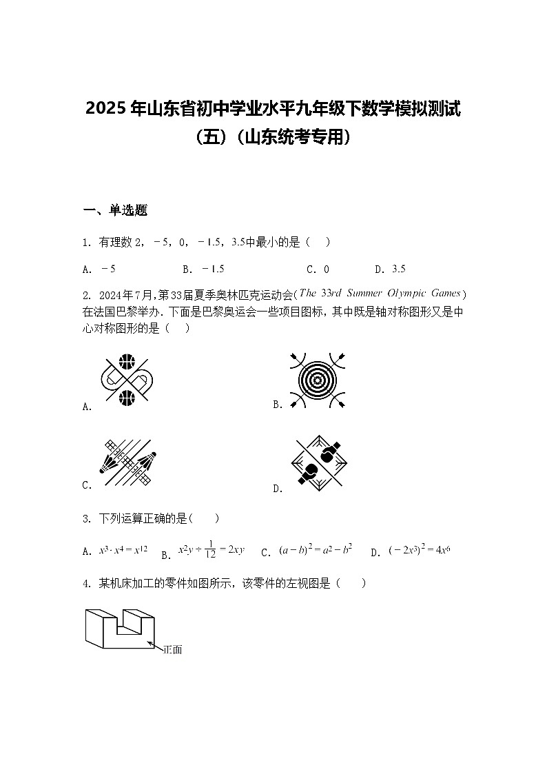2025年山东省初中学业水平九年级下数学模拟测试（五）（山东统考专用）（含答案解析）第1页