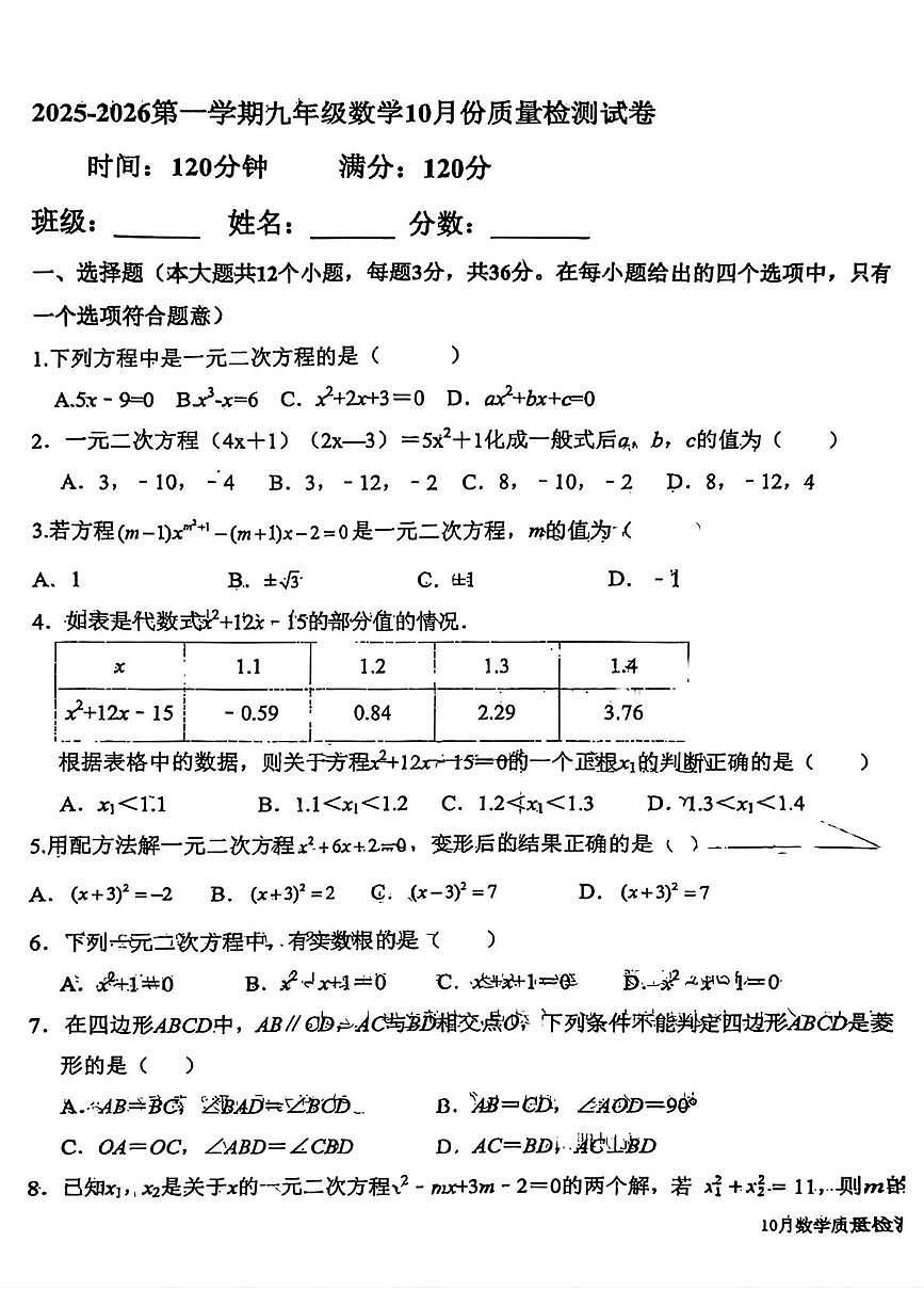 河北省保定市乐凯中学2025-2026学年上学期九年级数学10月质量检测试题（月考）第1页