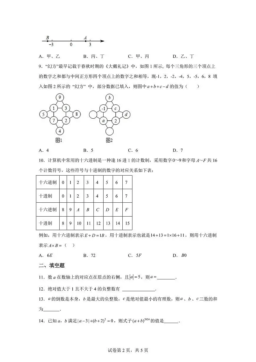 2025-2026学年广东省广州市越秀区执信中学七年级上册第一次月考数学模拟试卷（含答案）第2页