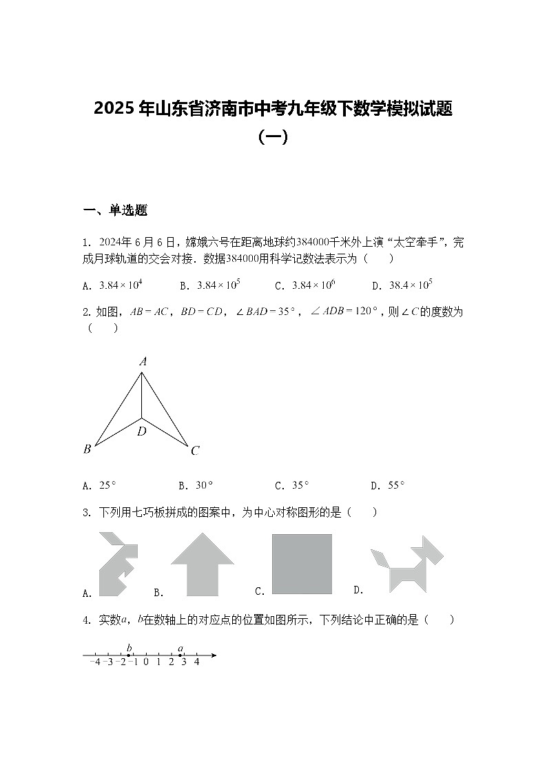 2025年山东省济南市中考九年级下数学模拟试题（一）（含答案解析）第1页