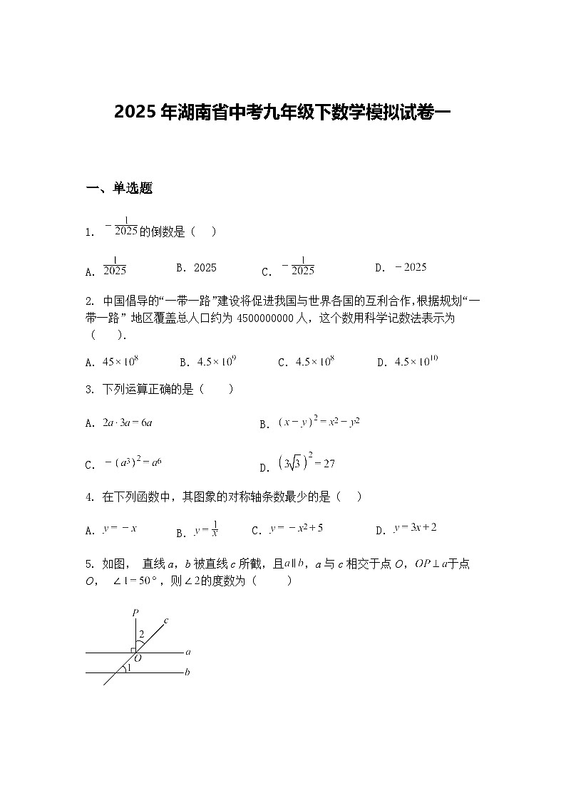 2025年湖南省中考九年级下数学模拟试卷一（含答案解析）第1页
