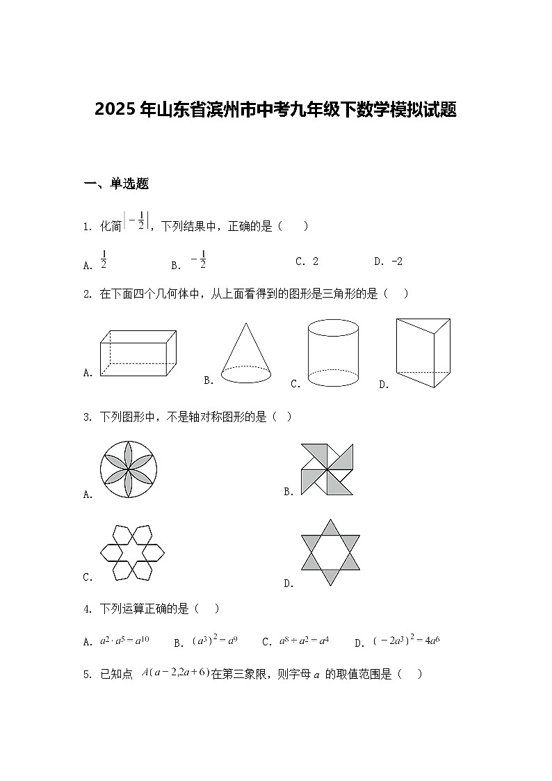 2025年山东省滨州市中考九年级下数学模拟试题（含答案解析）第1页