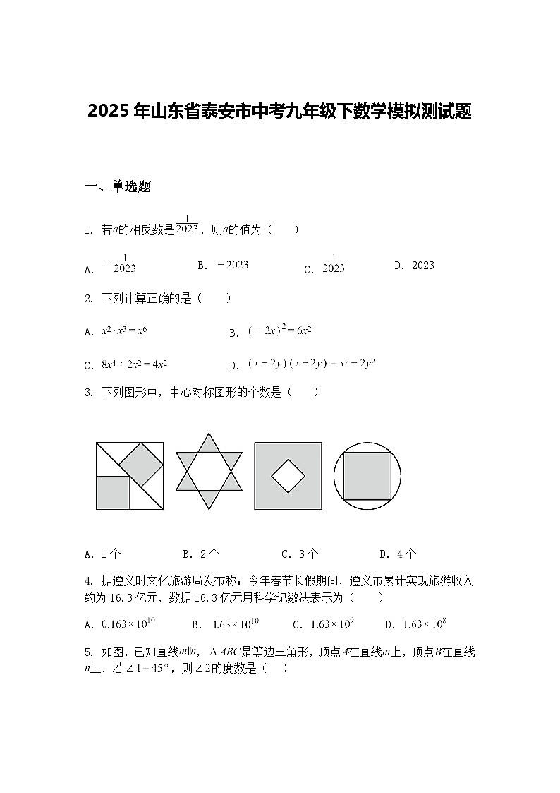 2025年山东省泰安市中考九年级下数学模拟测试题（含答案解析）第1页