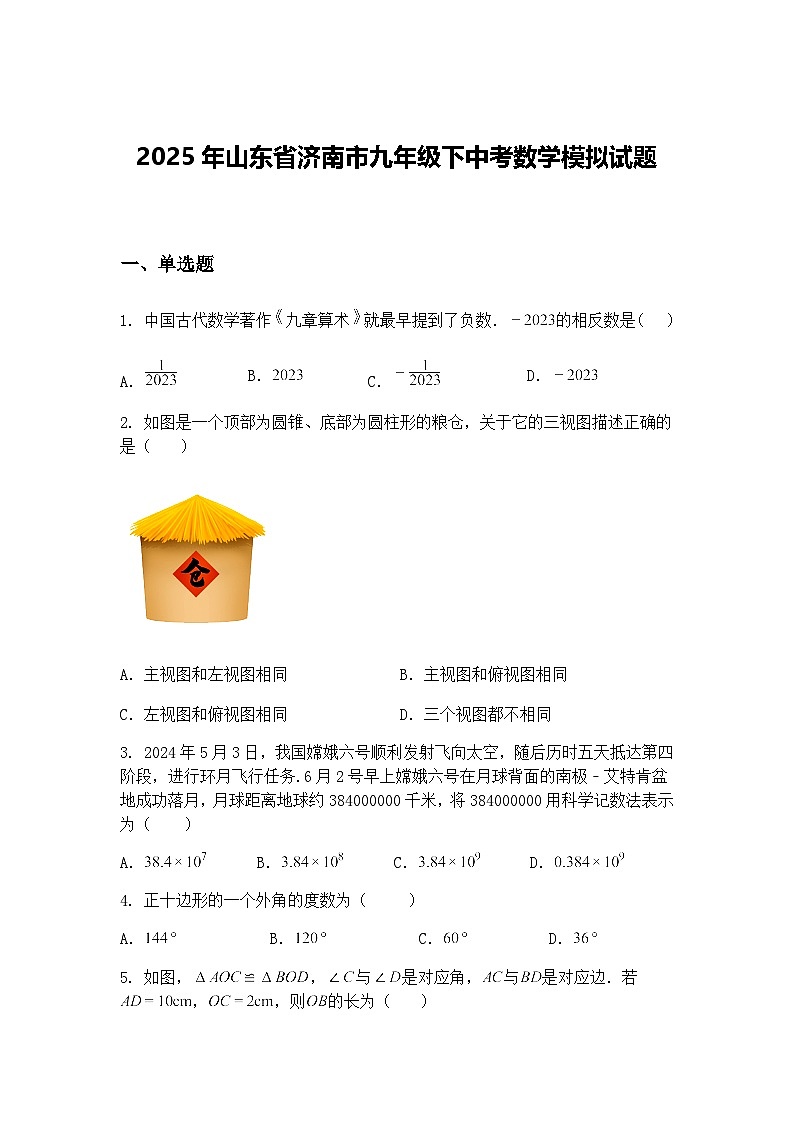 2025年山东省济南市九年级下中考数学模拟试题（含答案解析）第1页