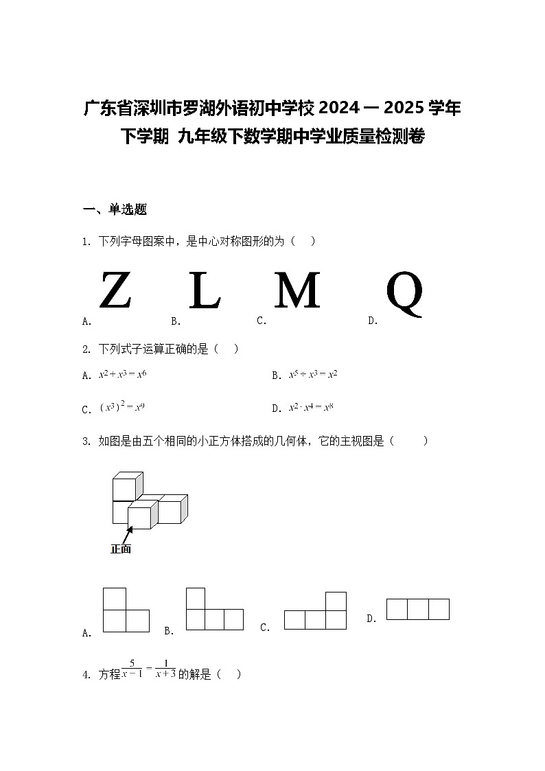 广东省深圳市罗湖外语初中学校2024一2025学年下学期 九年级下数学期中学业质量检测卷（含答案解析）第1页