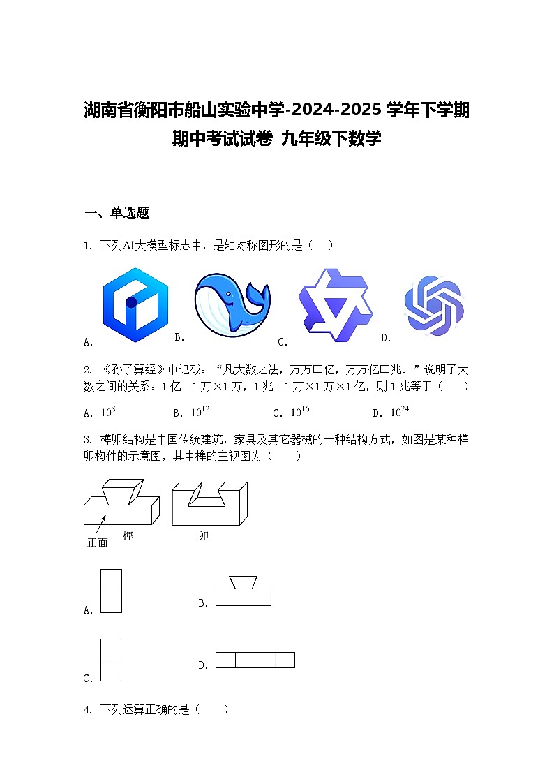 湖南省衡阳市船山实验中学-2024-2025学年下学期期中考试试卷 九年级下数学（含答案解析）第1页