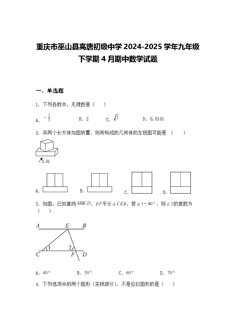 重庆市巫山县高唐初级中学2024-2025学年九年级下学期4月期中数学试题（含答案解析）第1页