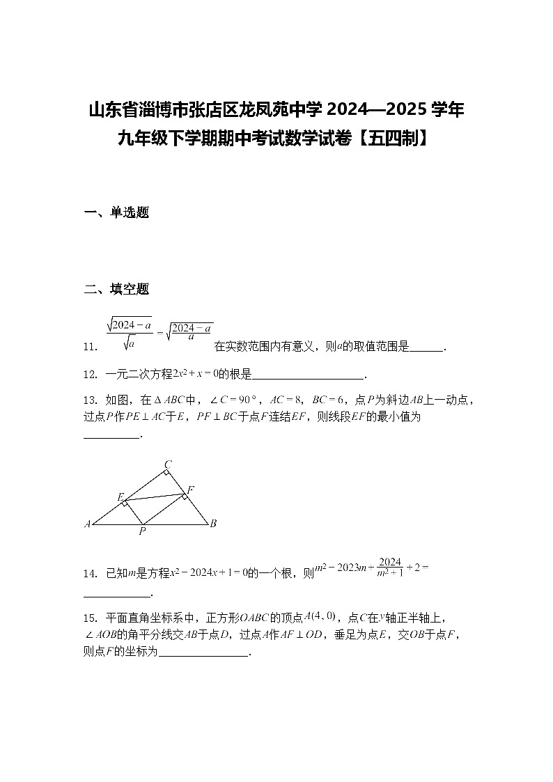 山东省淄博市张店区龙凤苑中学2024—2025学年九年级下学期期中考试数学试卷【五四制】（含答案解析）第1页