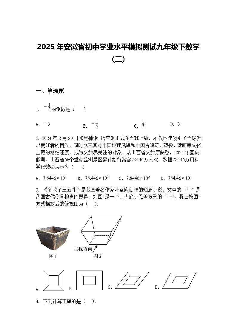 2025年安徽省初中学业水平模拟测试九年级下数学（二）（含答案解析）第1页
