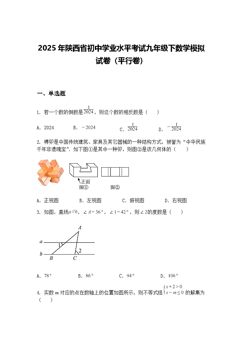 2025年陕西省初中学业水平考试九年级下数学模拟试卷（平行卷）（含答案解析）第1页