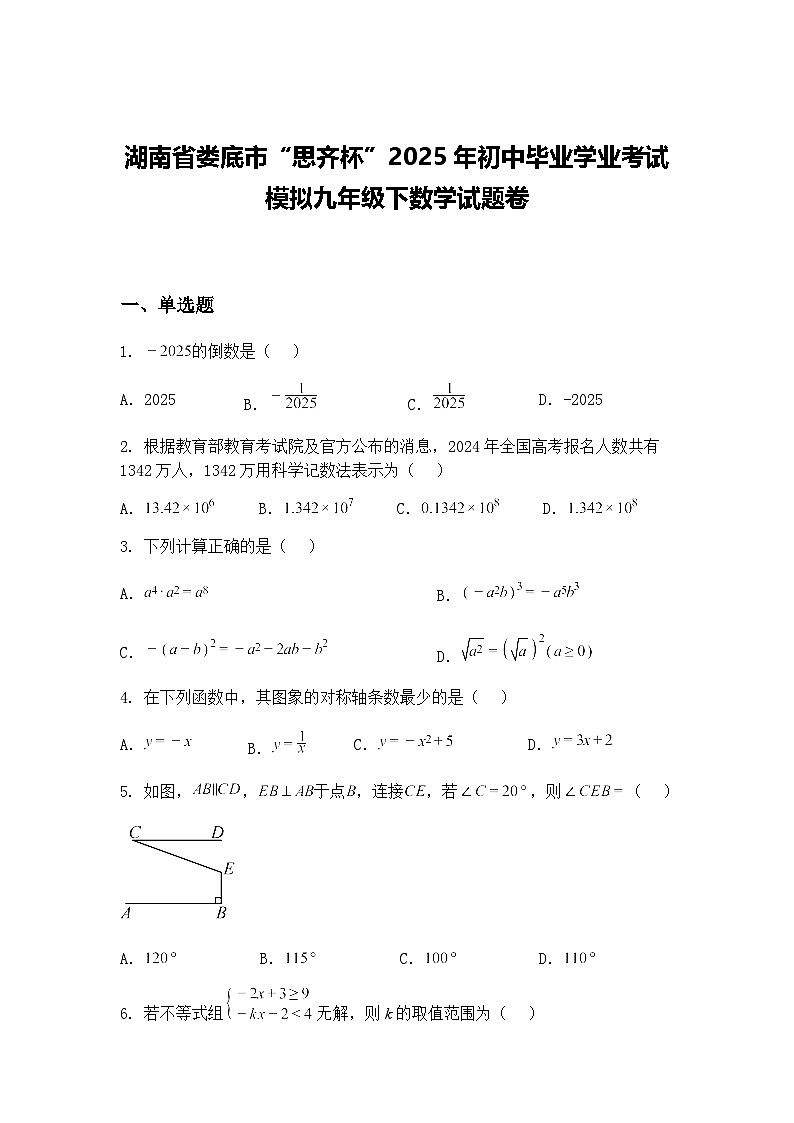 湖南省娄底市“思齐杯”2025年初中毕业学业考试模拟九年级下数学试题卷（含答案解析）第1页