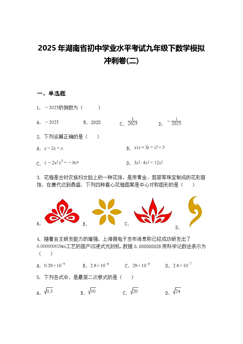2025年湖南省初中学业水平考试九年级下数学模拟冲刺卷(二)（含答案解析）第1页
