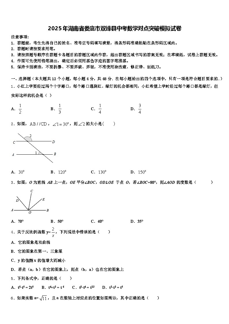 2025年湖南省娄底市双峰县中考数学对点突破模拟试卷含解析第1页