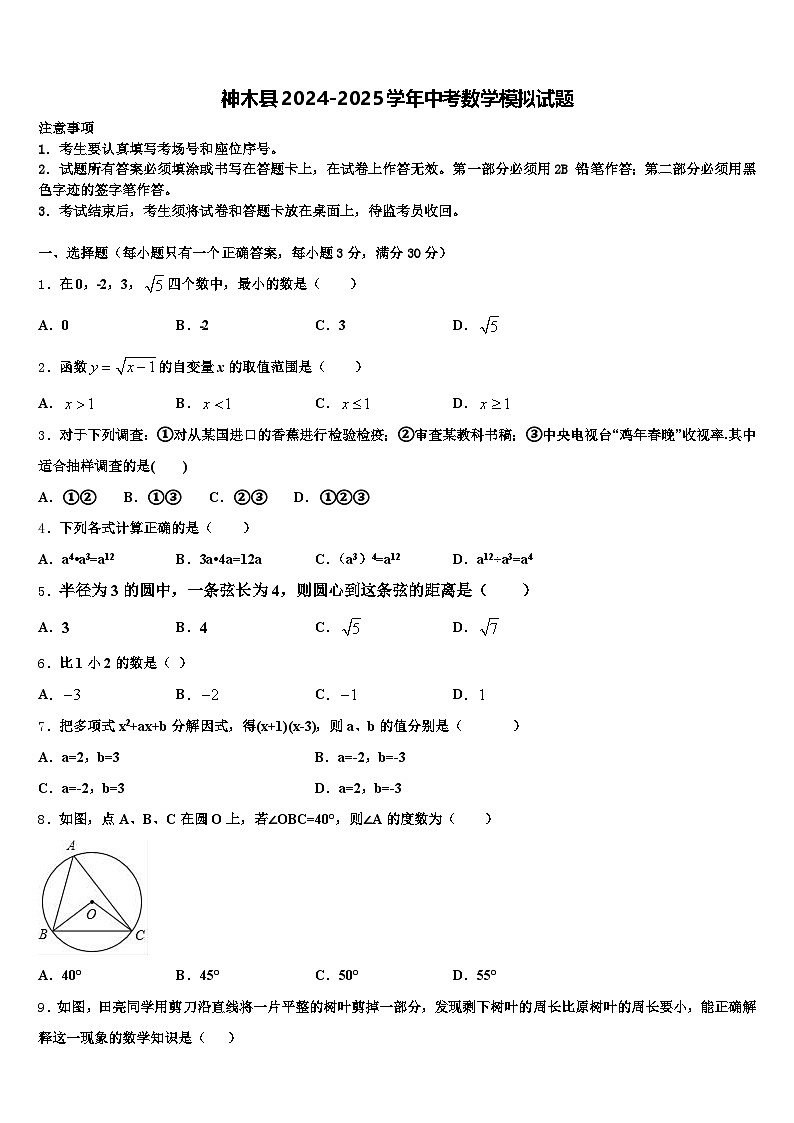 神木县2024-2025学年中考数学模拟试题含解析第1页