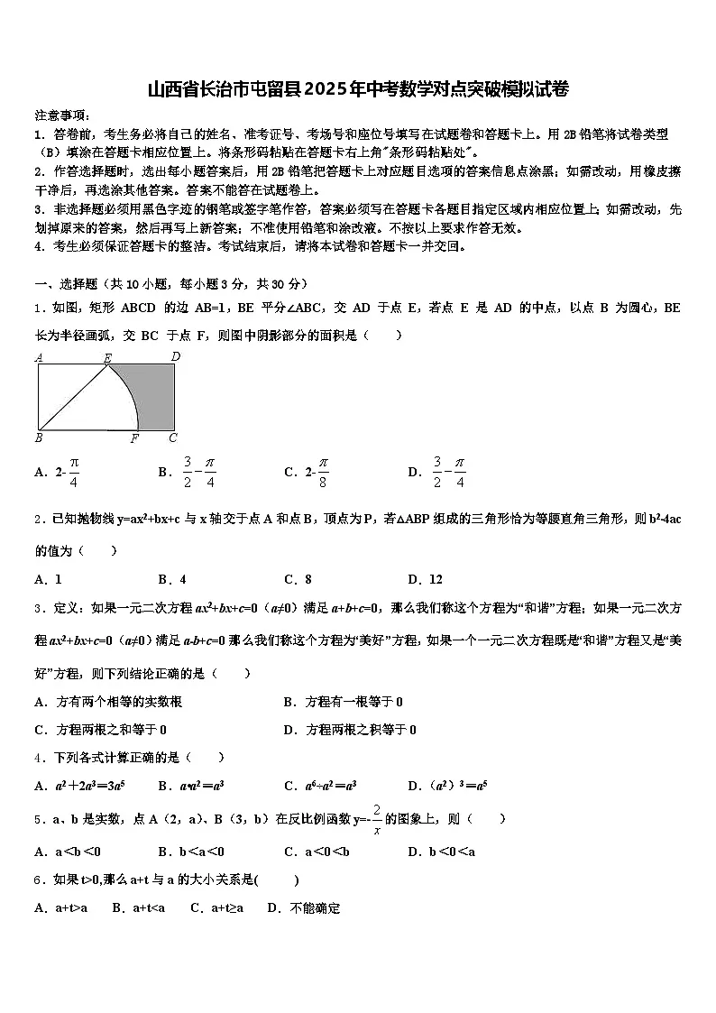 山西省长治市屯留县2025年中考数学对点突破模拟试卷含解析第1页