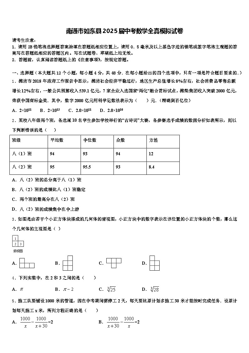南通市如东县2025届中考数学全真模拟试卷含解析第1页