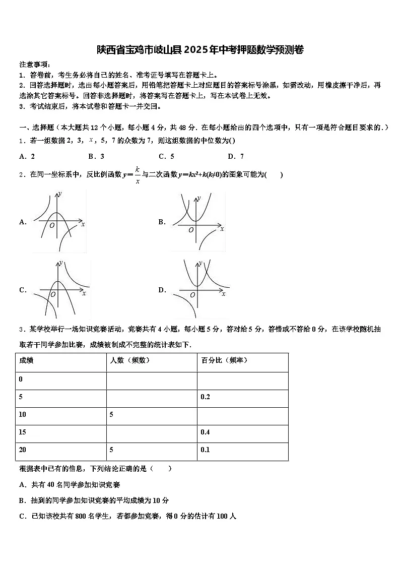 陕西省宝鸡市岐山县2025年中考押题数学预测卷含解析第1页
