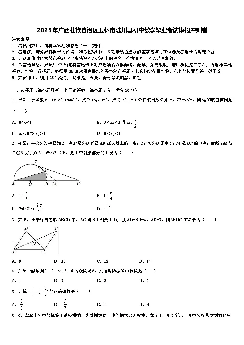 2025年广西壮族自治区玉林市陆川县初中数学毕业考试模拟冲刺卷含解析第1页