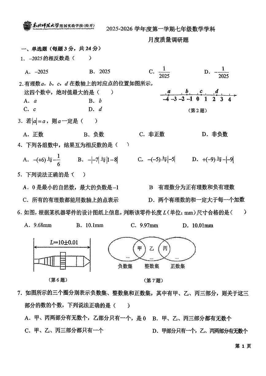 吉林省长春市二道区东北师范大学附属实验学校（经开）2025-2026学年七年级上学期10月月考数学试题第1页
