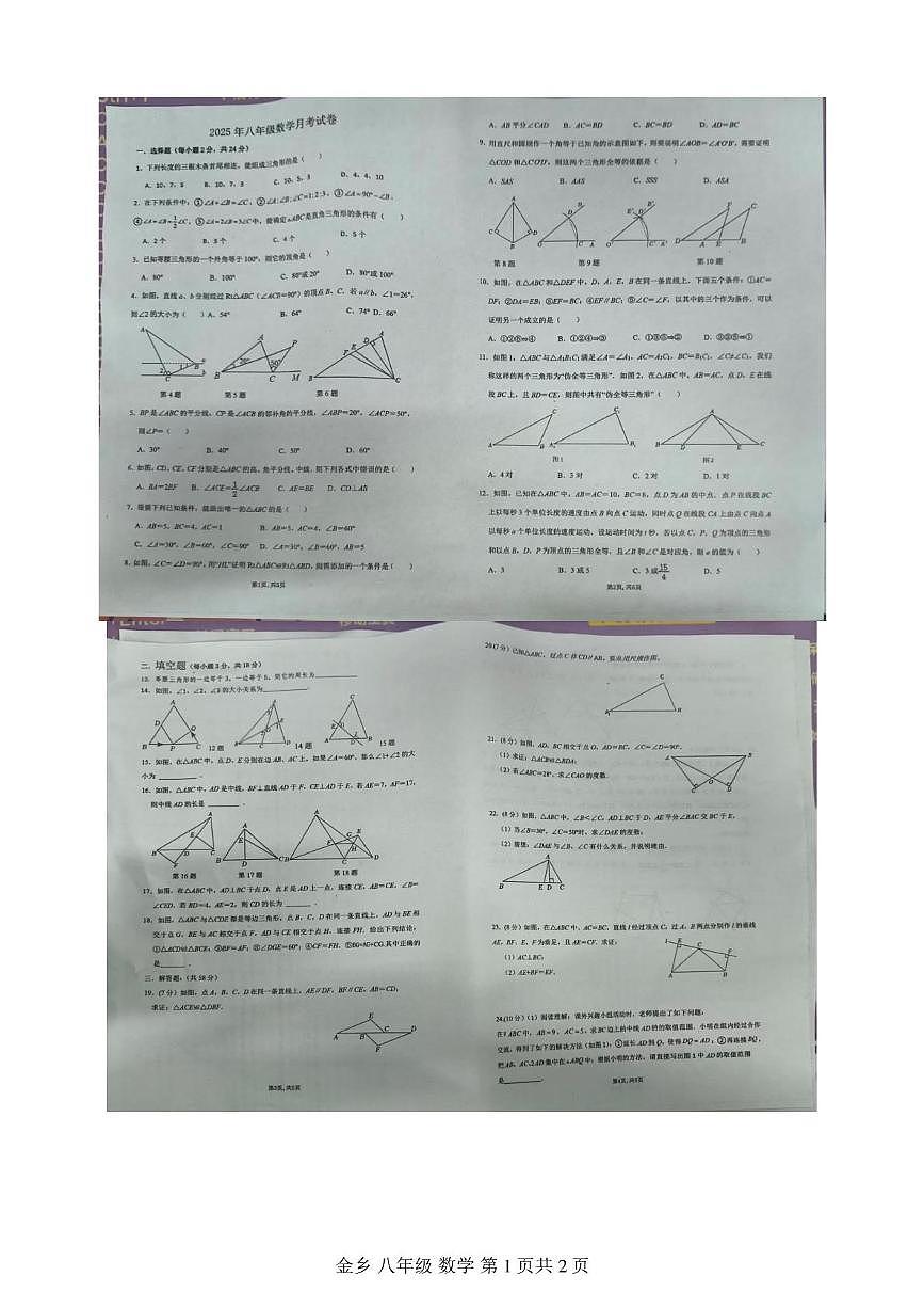 山东省济宁市泗水县洙泗初级中学2025-2026学年八年级上学期10月月考数学试题第1页