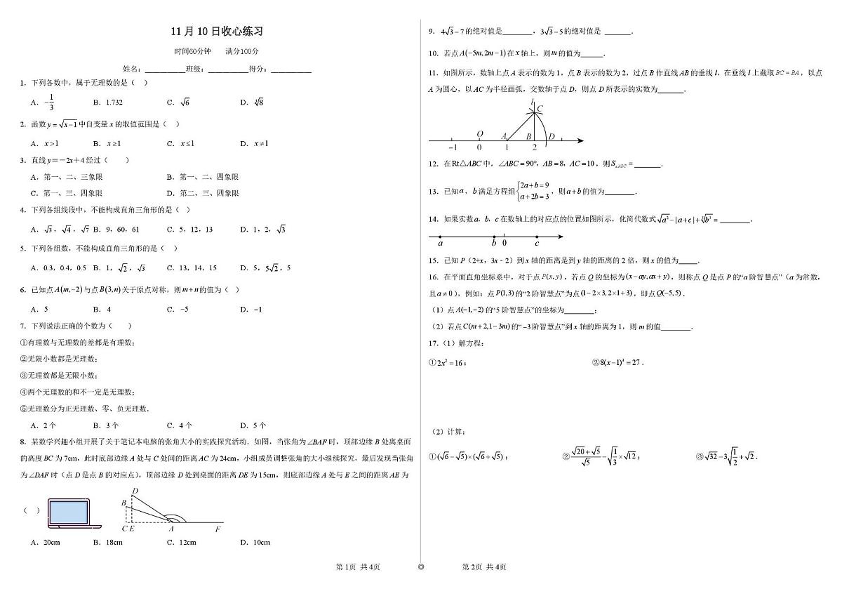 四川省成都市温江区王府外国语学校2024-2025学年八年级上学期月考数学试卷（11月份）第1页