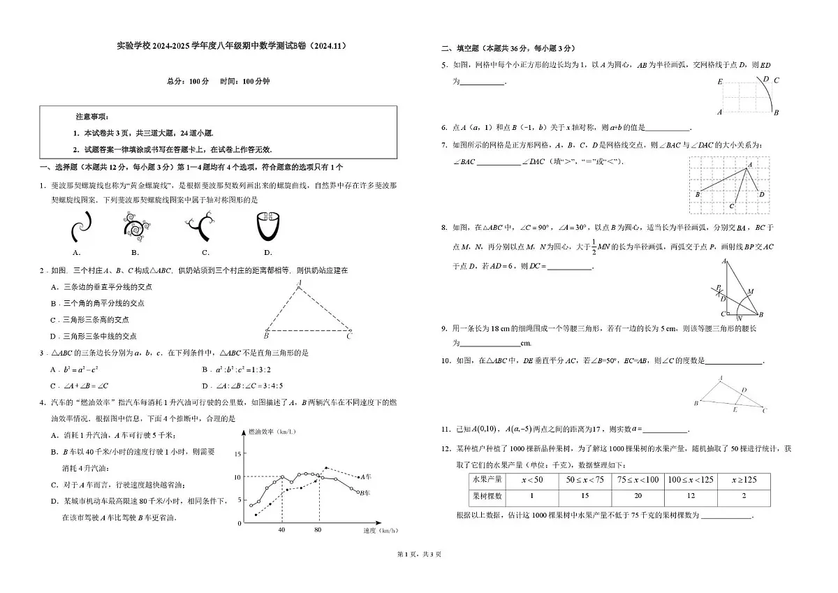 北京市第十一中学实验学校2024-2025学年上学期八年级数学期中考试B卷第1页