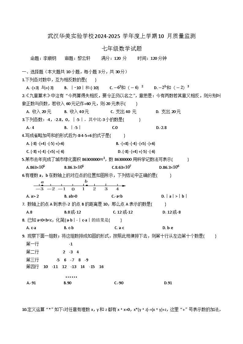 湖北省武汉市华美实验学校2024-—2025学年上学期10月月考七年级数学试题第1页