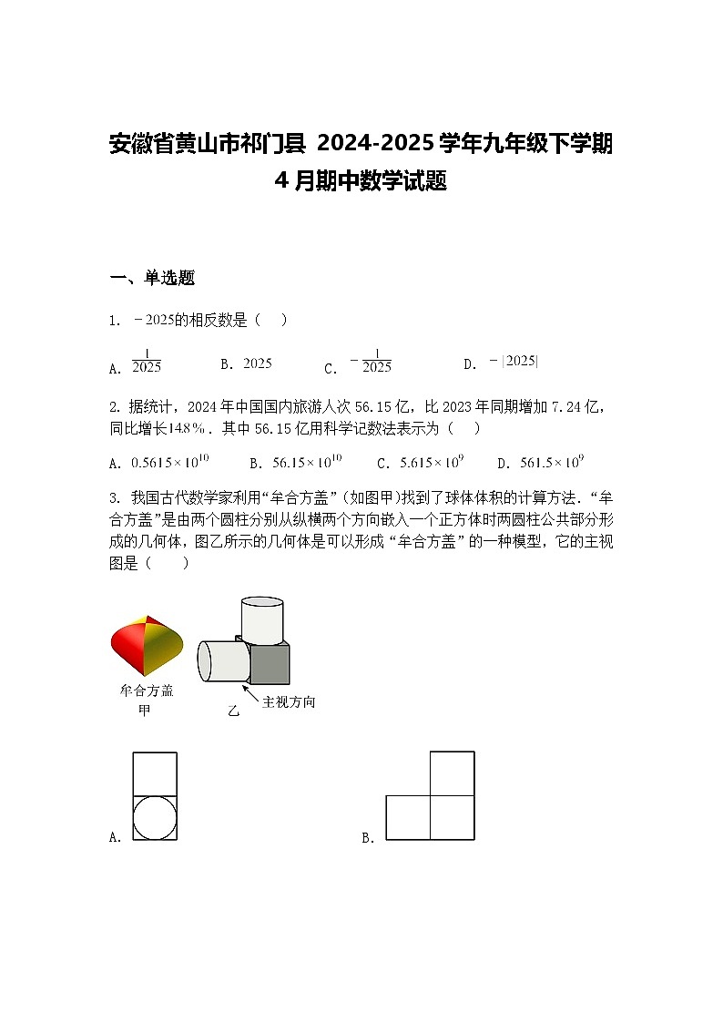 安徽省黄山市祁门县 2024-2025学年九年级下学期4月期中数学试题（含答案解析）第1页