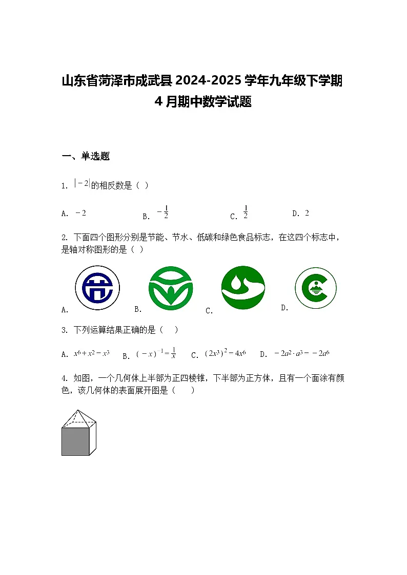 山东省菏泽市成武县2024-2025学年九年级下学期4月期中数学试题（含答案解析）第1页