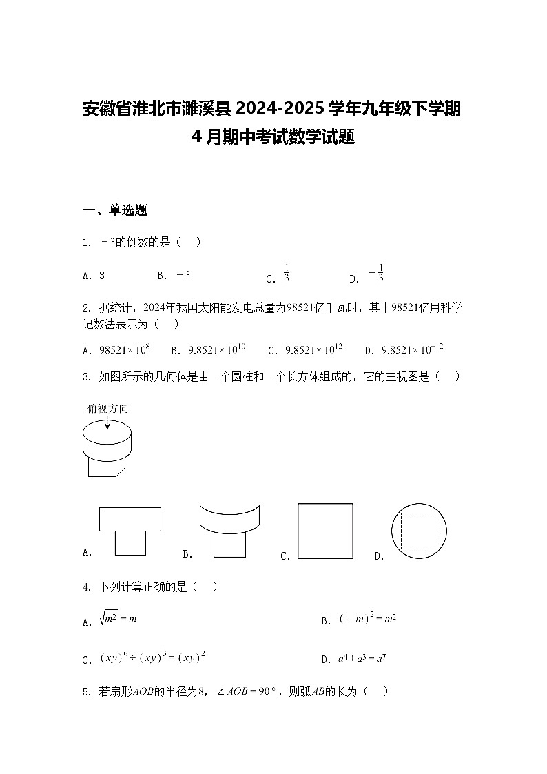 安徽省淮北市濉溪县2024-2025学年九年级下学期4月期中考试数学试题（含答案解析）第1页