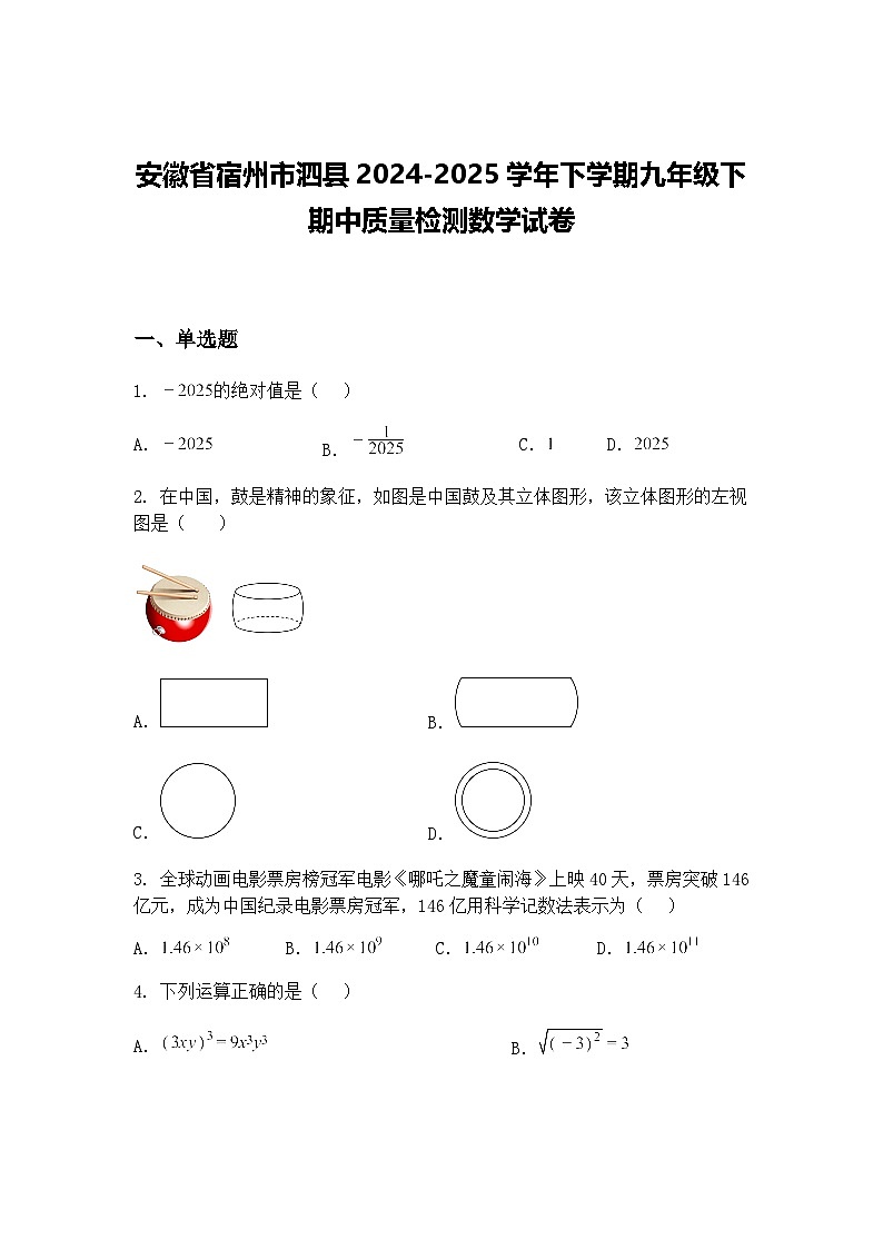 安徽省宿州市泗县2024-2025学年下学期九年级下期中质量检测数学试卷（含答案解析）第1页