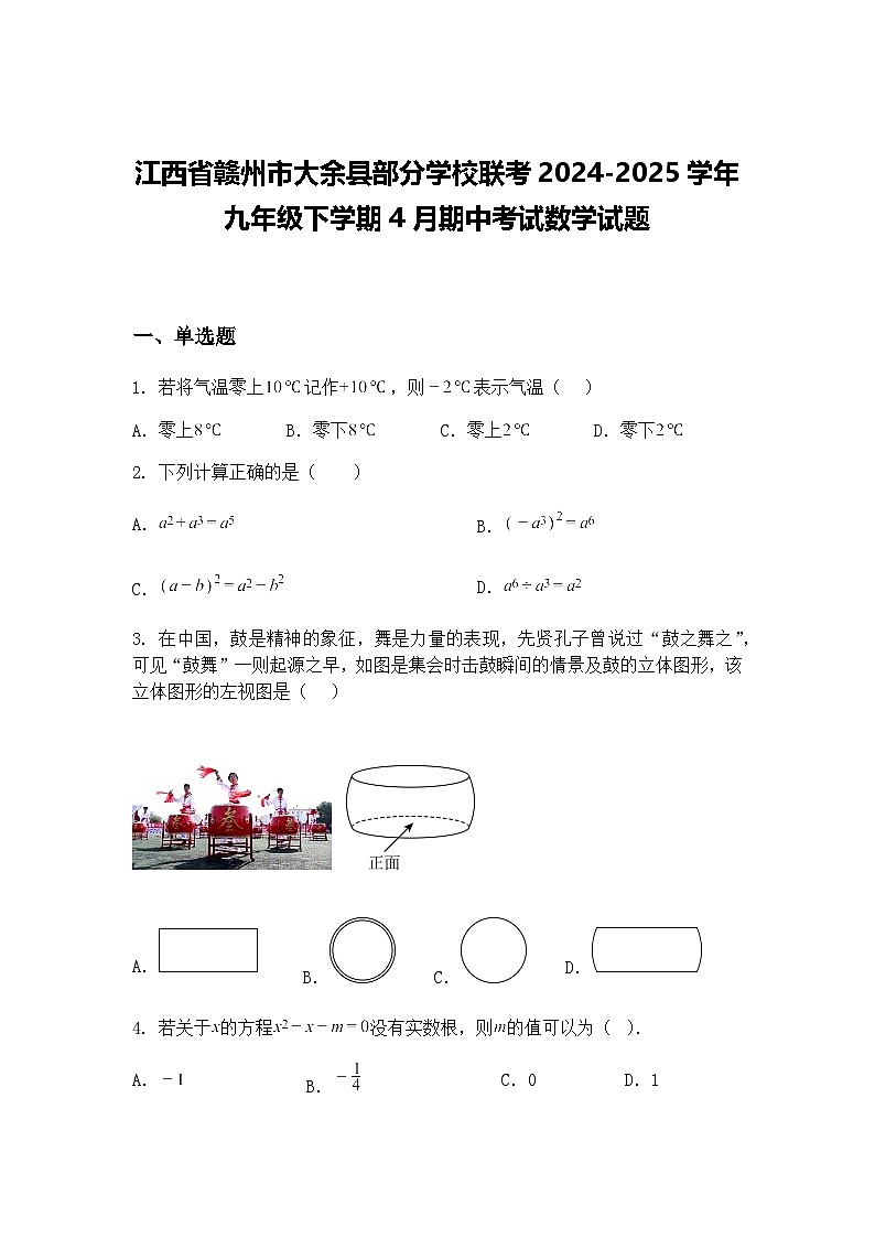 江西省赣州市大余县部分学校联考2024-2025学年九年级下学期4月期中考试数学试题（含答案解析）第1页