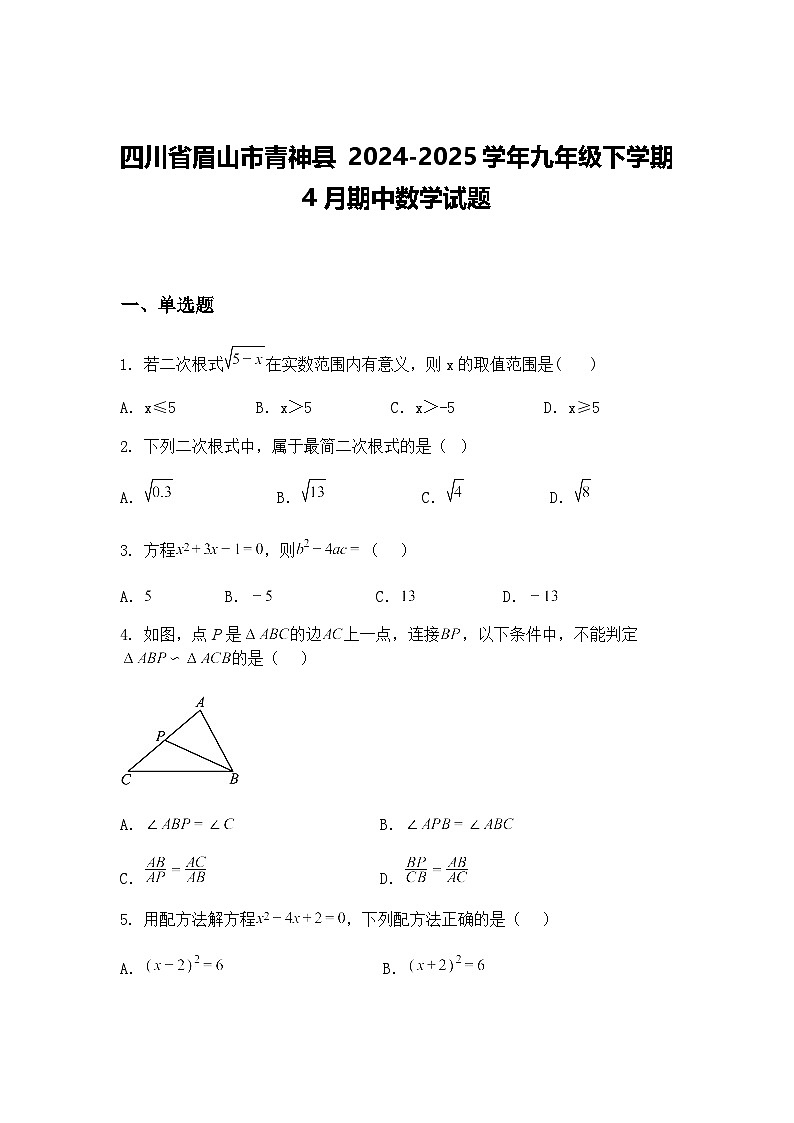 四川省眉山市青神县 2024-2025学年九年级下学期4月期中数学试题（含答案解析）第1页