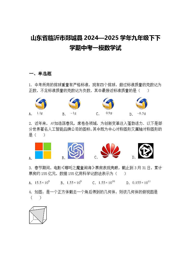山东省临沂市郯城县2024—2025学年九年级下下学期中考一模数学试卷（含答案解析）第1页