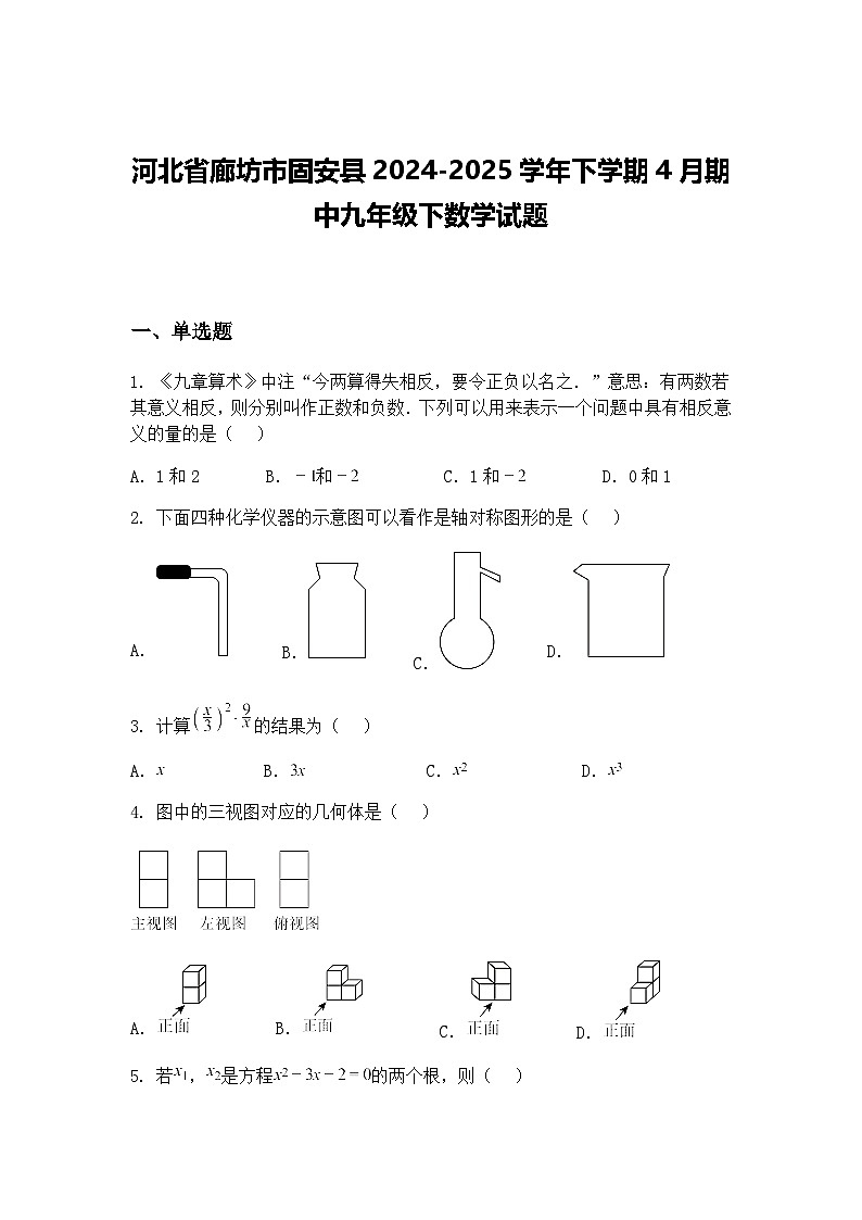 河北省廊坊市固安县2024-2025学年下学期4月期中九年级下数学试题（含答案解析）第1页