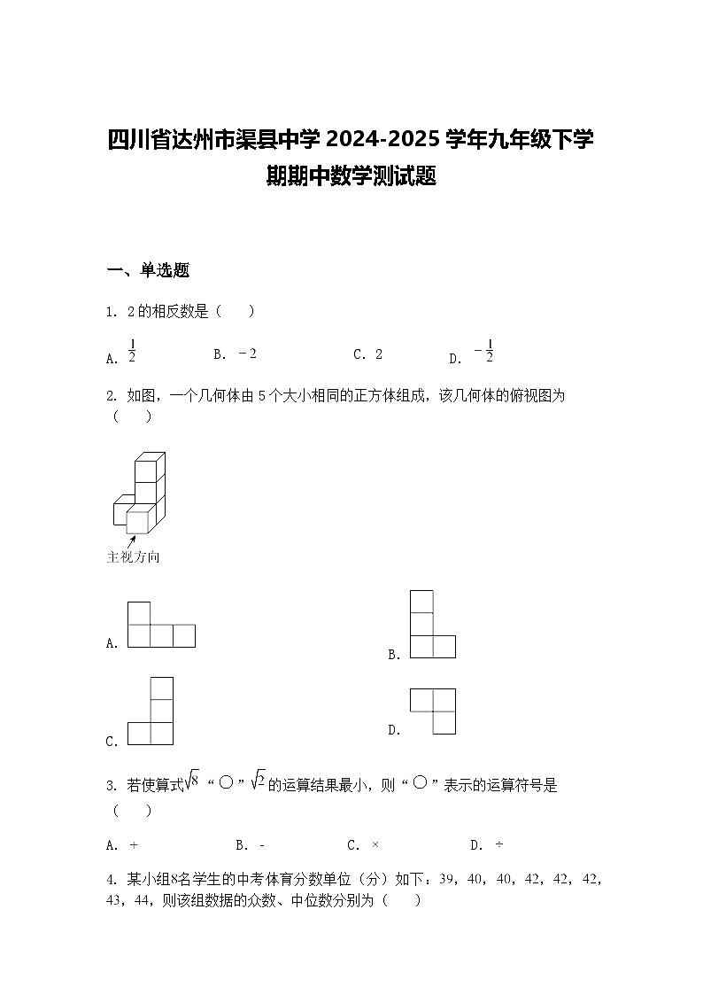 四川省达州市渠县中学2024-2025学年九年级下学期期中数学测试题（含答案解析）第1页