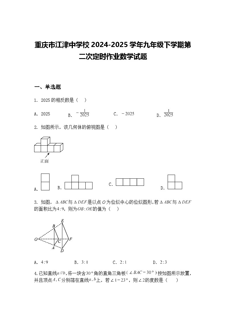 重庆市江津中学校2024-2025学年九年级下学期第二次定时作业数学试题（含答案解析）第1页