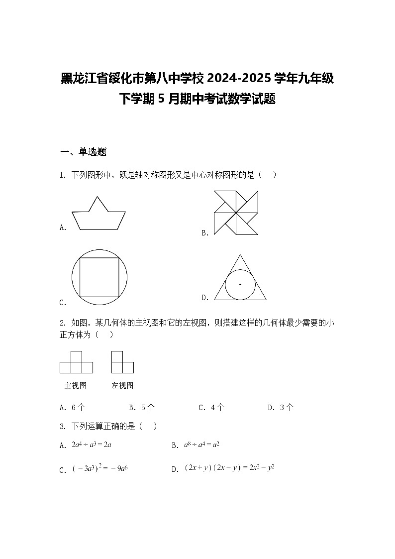 黑龙江省绥化市第八中学校2024-2025学年九年级下学期5月期中考试数学试题（含答案解析）第1页