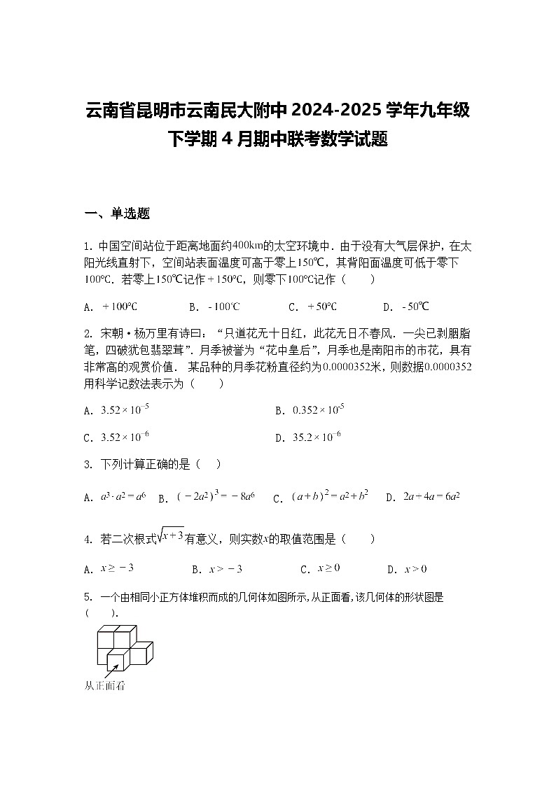 云南省昆明市云南民大附中2024-2025学年九年级下学期4月期中联考数学试题（含答案解析）第1页