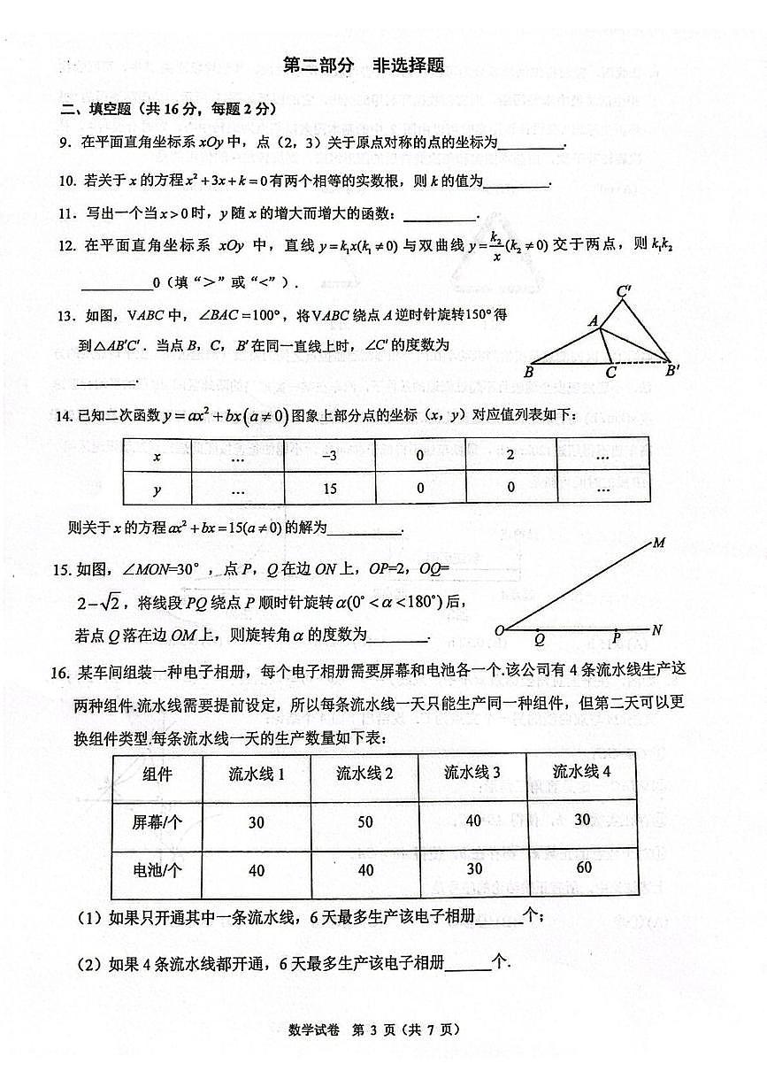 中国人民大学附属中学2025~2026学年上学期10月月考九年级数学试卷第3页