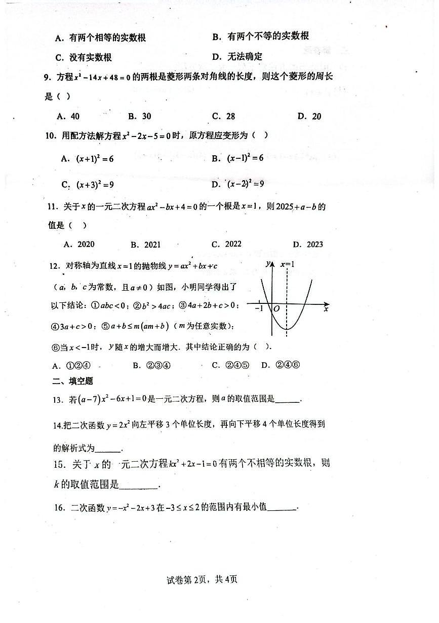 海南省乐东黎族自治县乐东黎族自治县民族中学2025-2026学年九年级上学期10月月考数学试题第2页