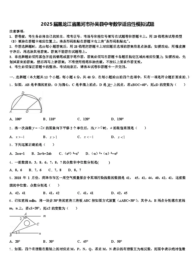 2025届黑龙江省黑河市孙吴县中考数学适应性模拟试题含解析第1页