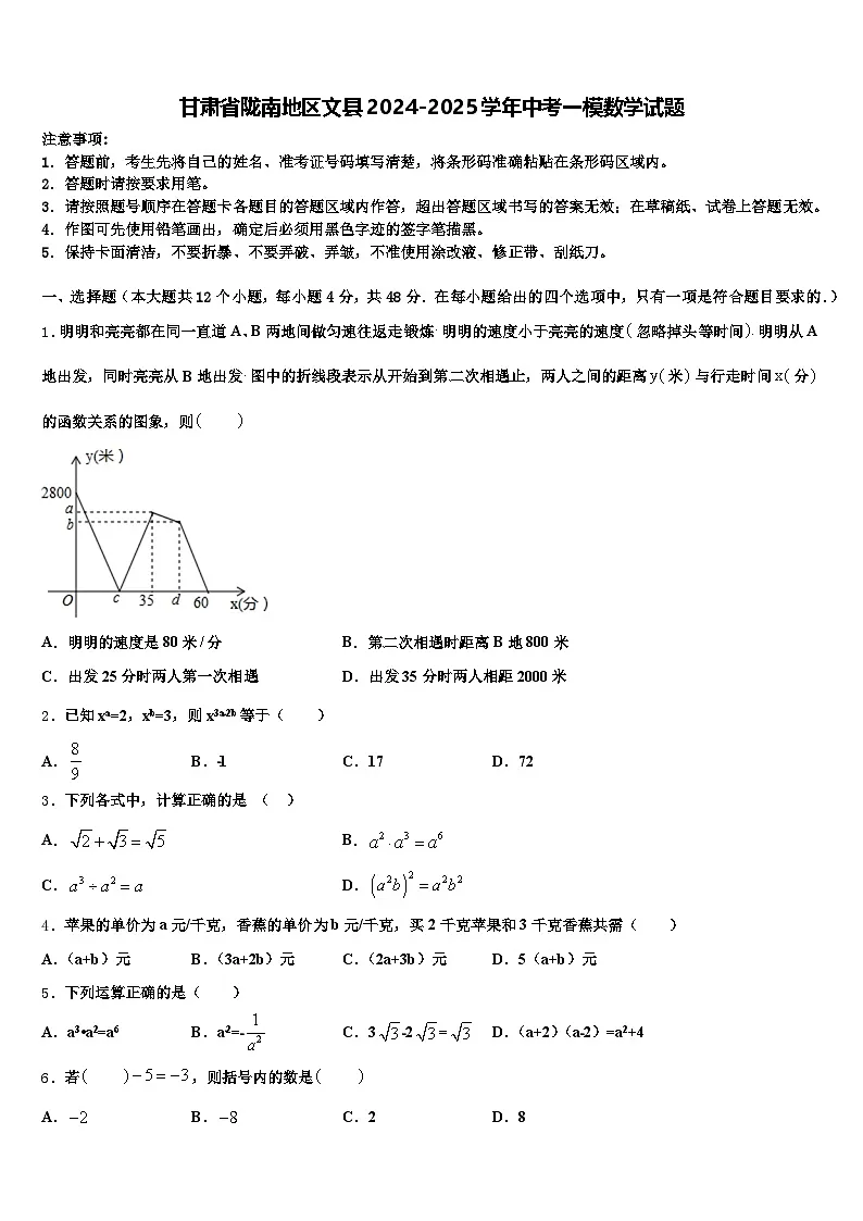 甘肃省陇南地区文县2024-2025学年中考一模数学试题含解析第1页