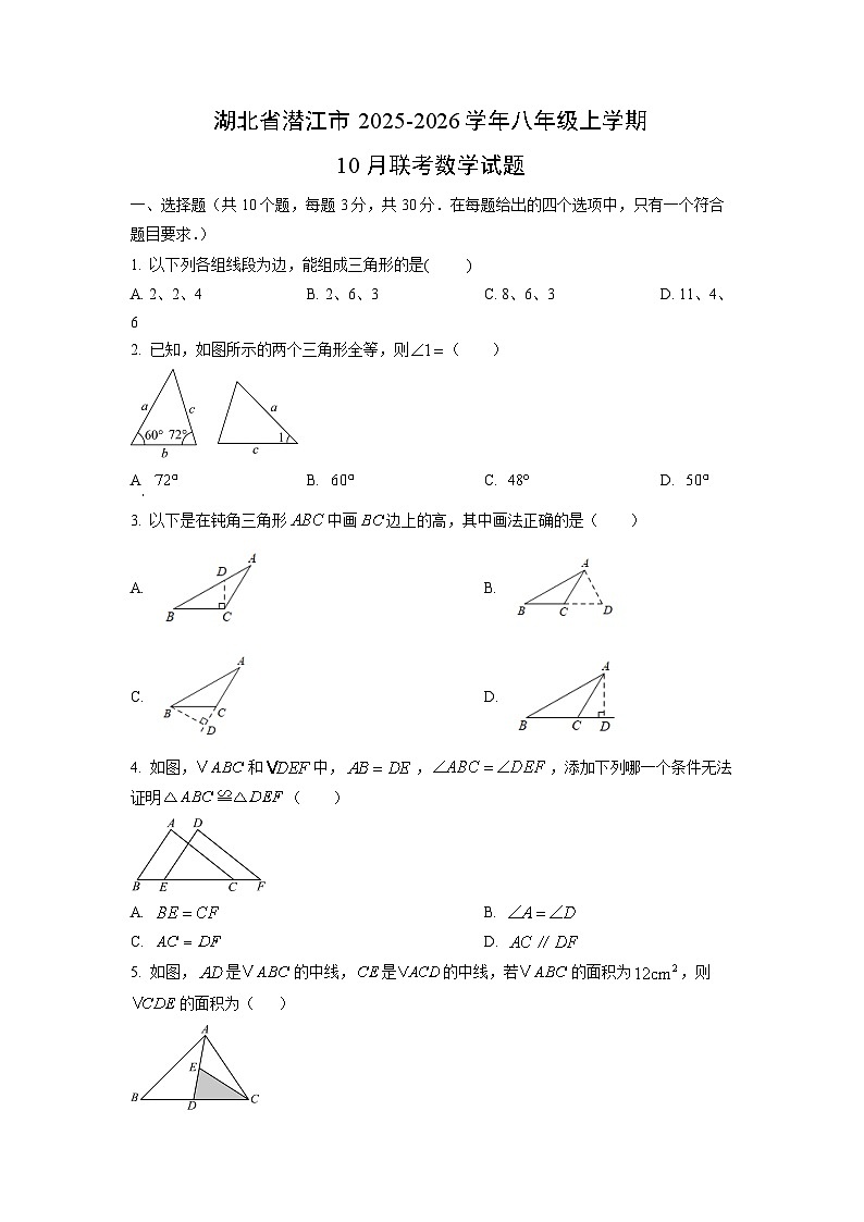 湖北省潜江市2025-2026学年八年级上学期10月联考数学试卷（学生版）第1页